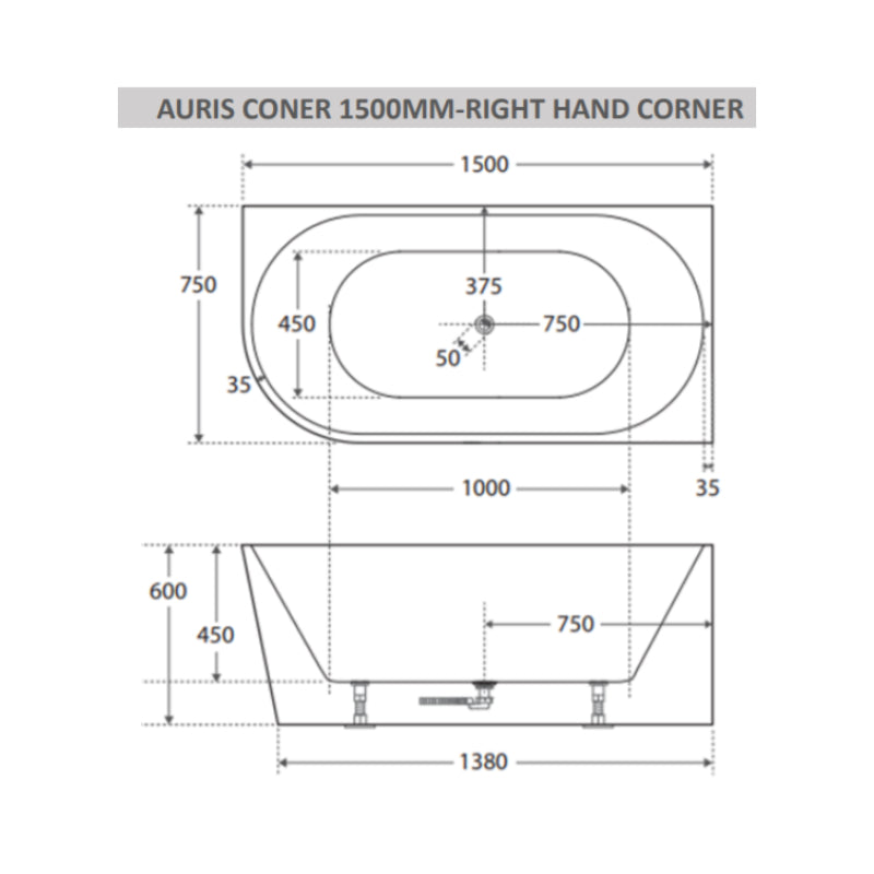 Cassa Auris Corner Back To Wall Bathtub Right Hand 1500mm - Gloss White