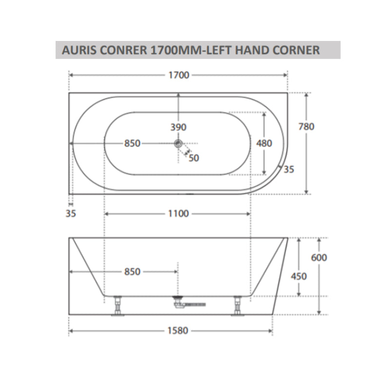 Cassa Auris Right Hand Corner Back To Wall Bathtub 1700mm - Matte White
