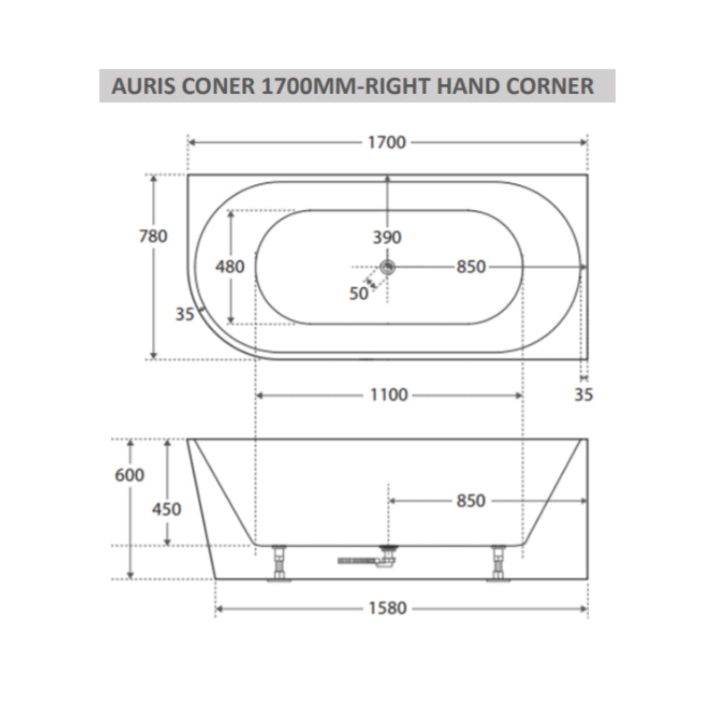 Cassa Auris Corner Back To Wall Bathtub Right Hand 1700mm - Gloss White