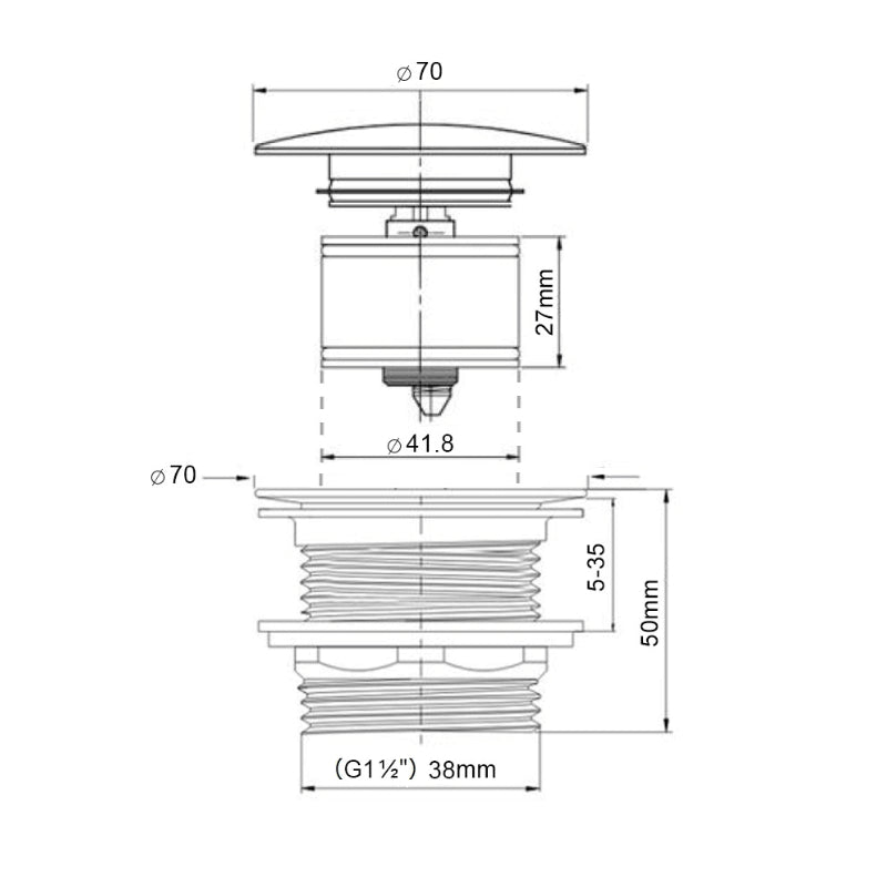 Turner Hastings 40mm Safety Pull-out Pop-up Bath Waste with Short Tail - Specification