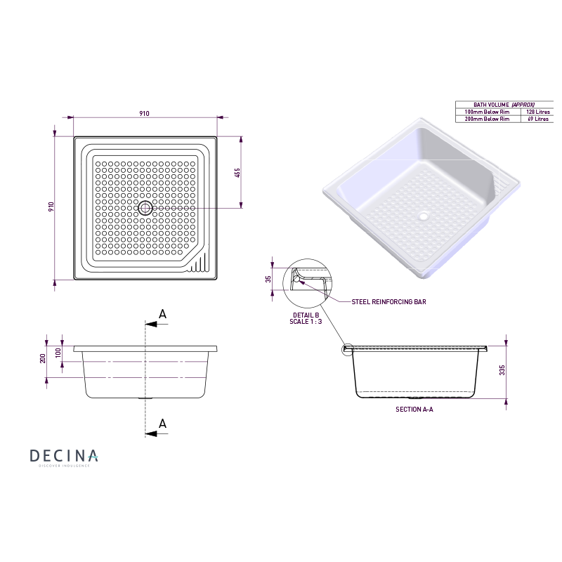 Bella 910 Inset Shower Bath