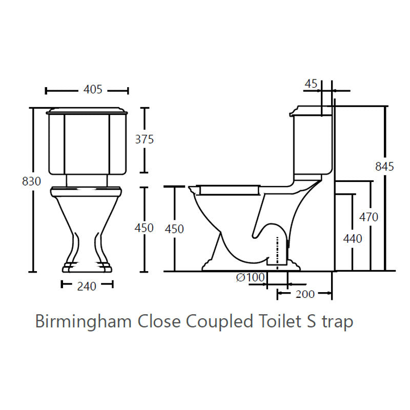 Turner Hastings Birmingham Close Coupled Toilet Suite with Black Soft Close Toilet seat specifications
