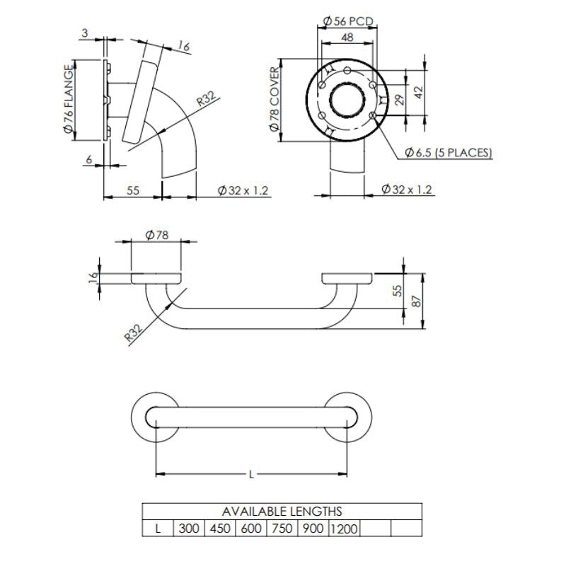 Emroware Grab Rail 600mm Stainless Steel - Specification