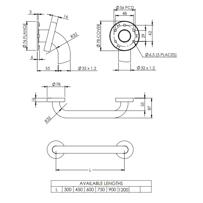 Emroware Grab Rail 900mm Stainless Steel - Specification