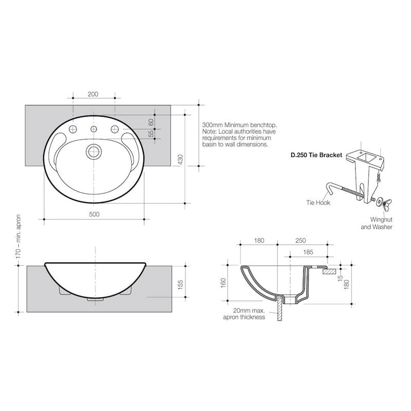 Caroma Concorde 500 Semi Recessed Basin Specification