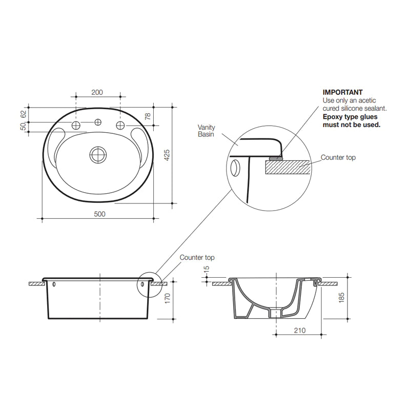 Track Inset Basin Caroma Concorde Inset Basin - 3 Tap Holes - Gloss White