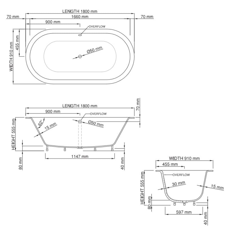 The Sirene Conrad 1800 Freestanding Bath  Spec