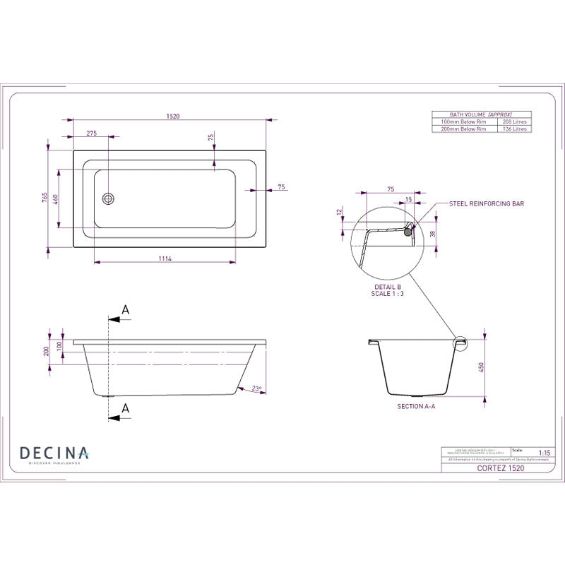 Decina Cortez Built In Bath 1520mm specifications