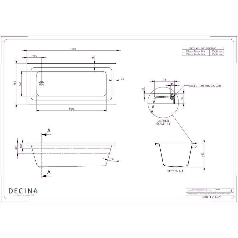 Decina Cortez Built In Bath 1670mm specifications