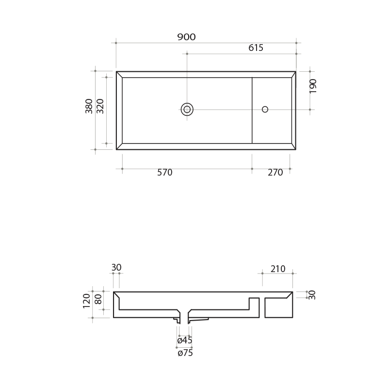 Parisi Cut 900x380 Bench Basin with Platform & 1 Tap Hole