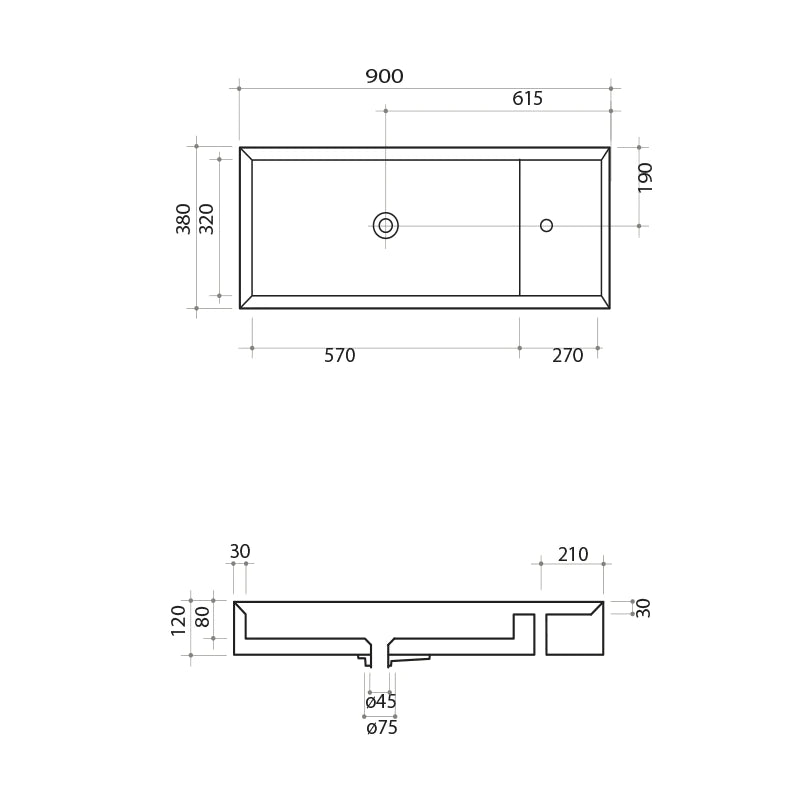 Parisi Cut 900x380 Bench Basin with Platform & 1 Tap Hole