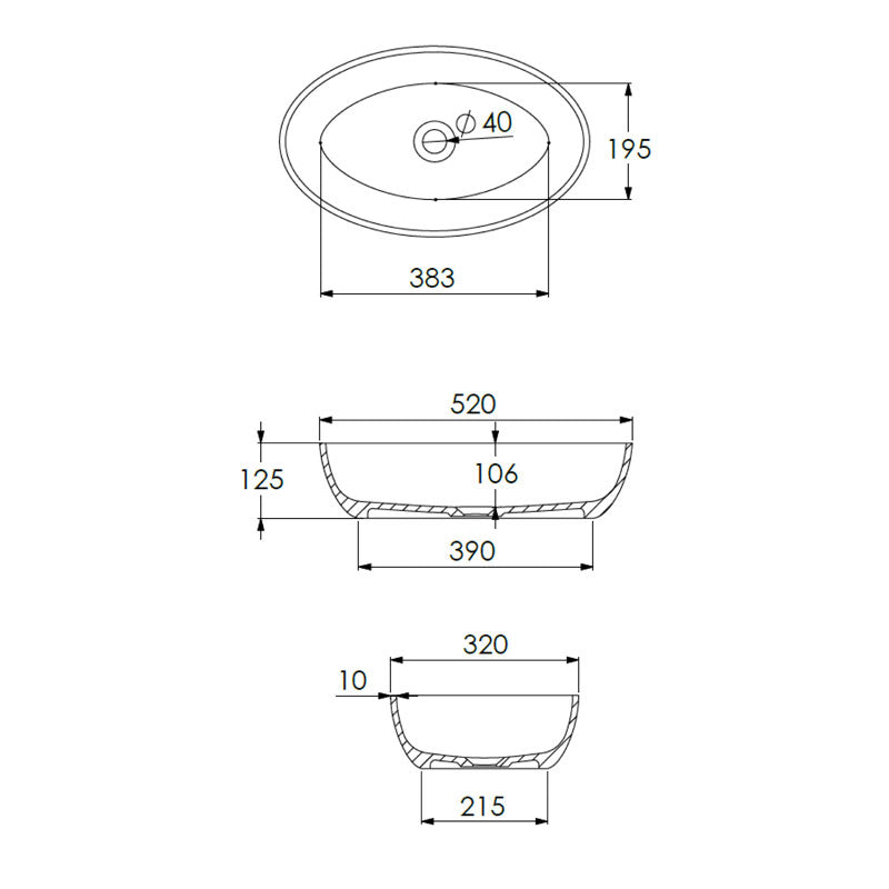 DADOquartz Above Counter Gabriella Basin 520mm Specification