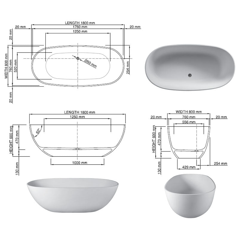DADOquartz® Sirene Koy 1800 Freestanding Bath Specification
