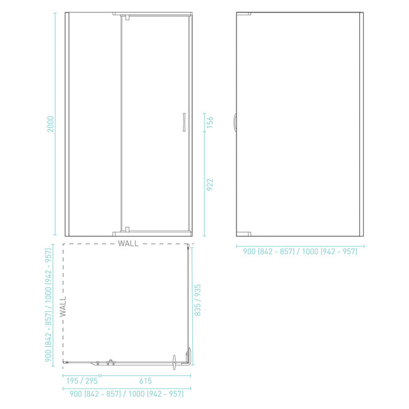Decina Cascade 900 Square/Semi-Frameless Pivot Shower Screen Specification