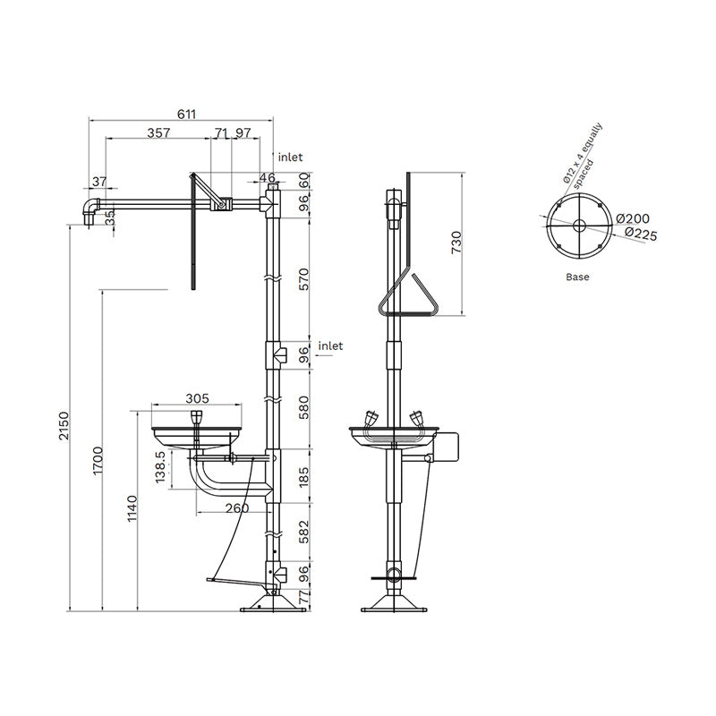 Gentec ECOSAFE Floor Mounted Combination Shower with eye face wash & foot pedal Specification