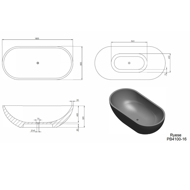 Pietra Bianca Ryese Freestanding Bathtub-1600 x 800 x 530mm | Specifications