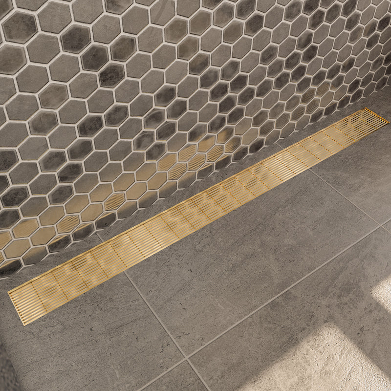 EzyFlow 1200 Linear Heelguard Channel Grate - Marine Grade 316 Stainless Steel | Lifestyle Brushed Brass