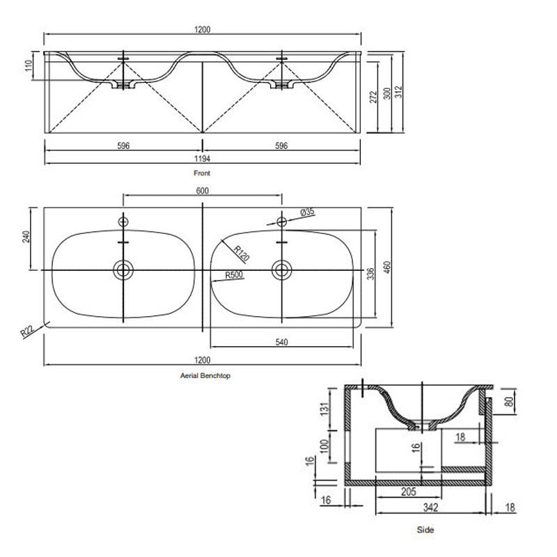 Parisi Flow 1200 Twin Wall Mounted Cabinet & Twin Washbasins 2 Drawers 1TH- Satin White Specification