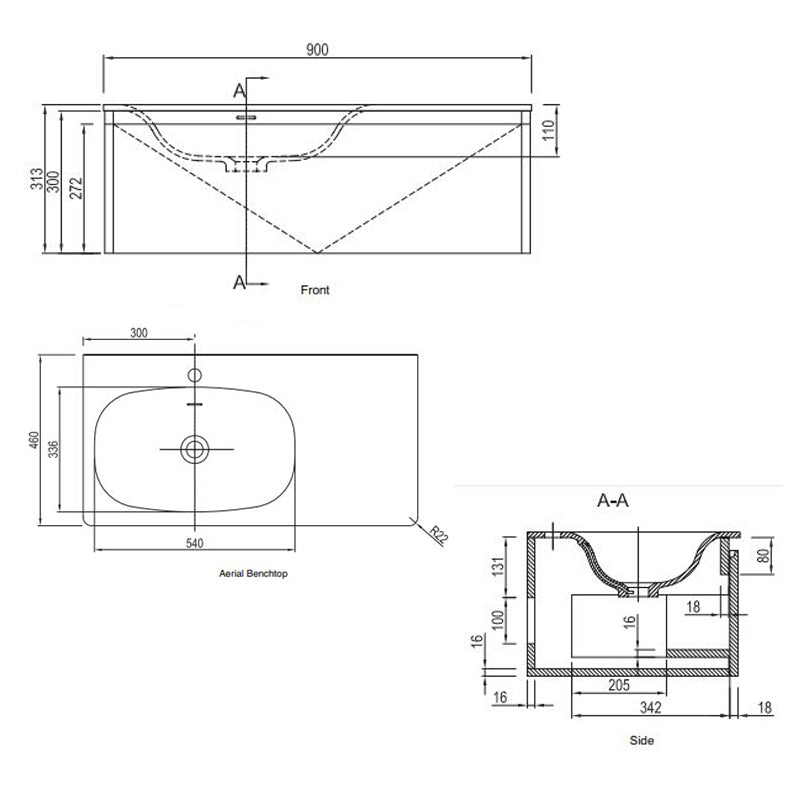 Parisi Flow 900 wall Mounted Cabinet with 1 Drawer & Wash Basin 1TH- Satin White Specification