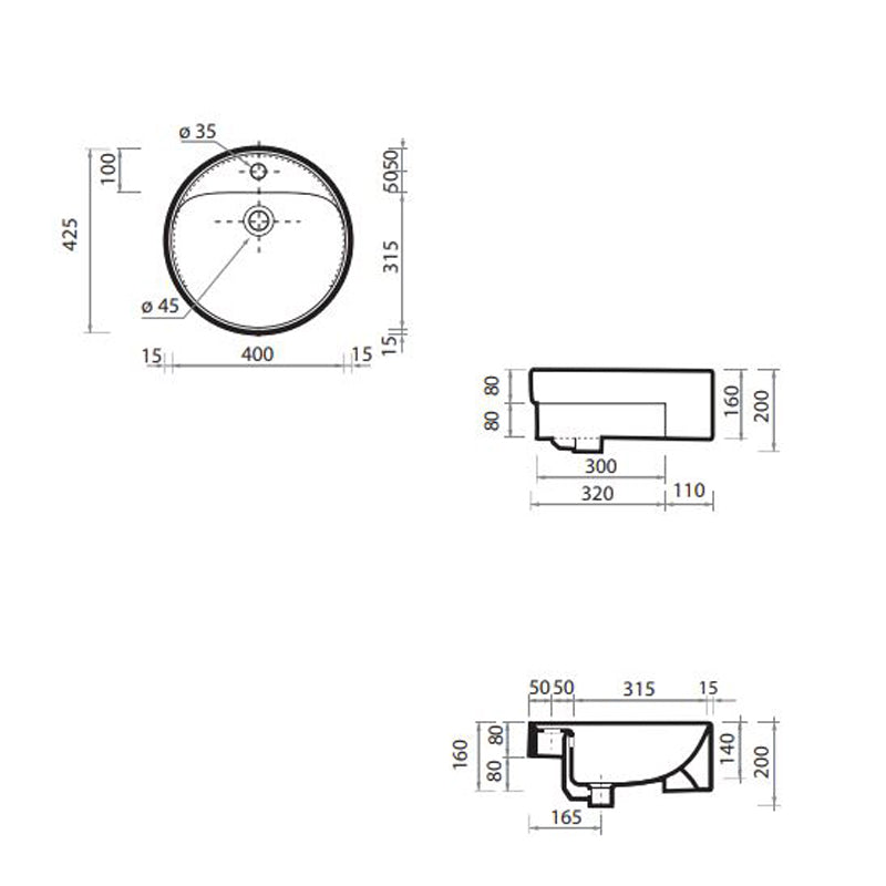 Parisi Twinset 425 Semi Recessed Basin 425x425x160mm- White Specification