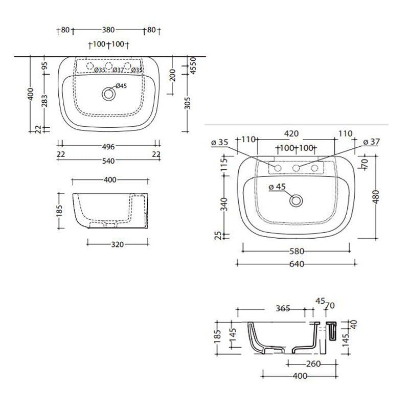 Parisi Mono 64 Wall Basin 3TH Specification