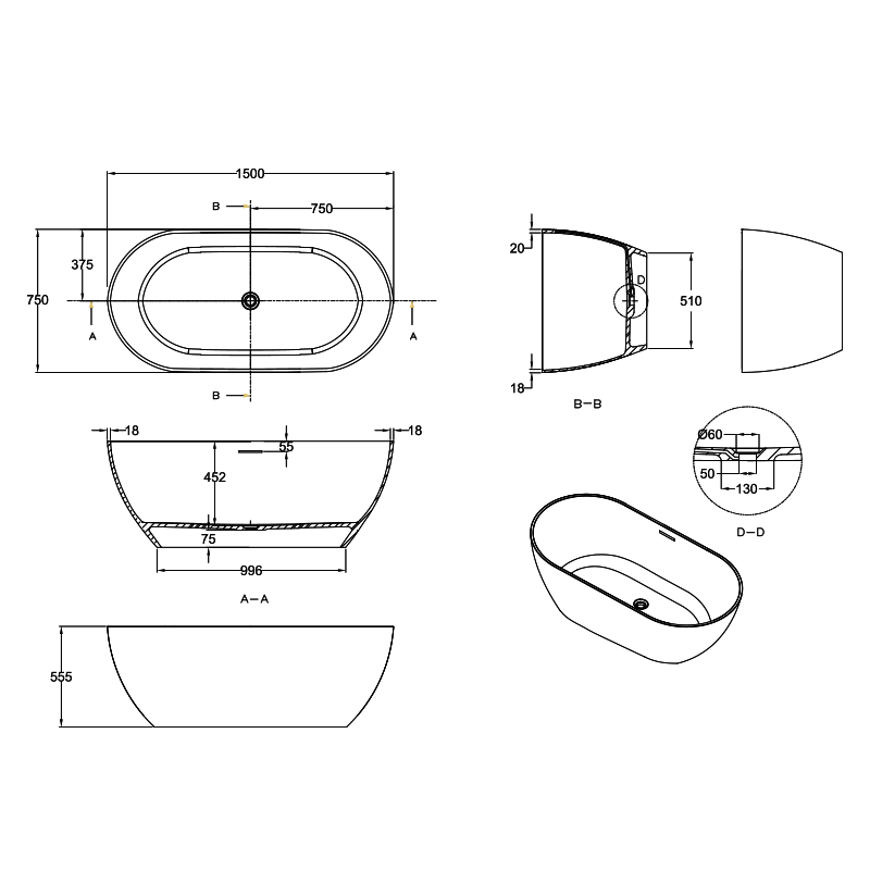 Gareth Ashton Formoso 1500 Natural Stone Bath