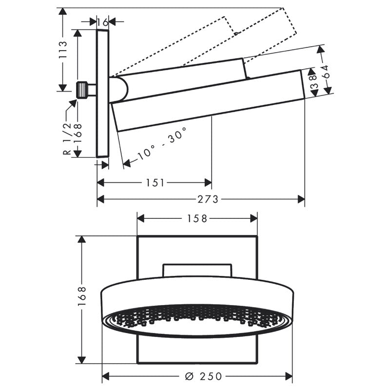 Hansgrohe Rainfinity Overhead shower 250 1jet with Wall Connector Specification