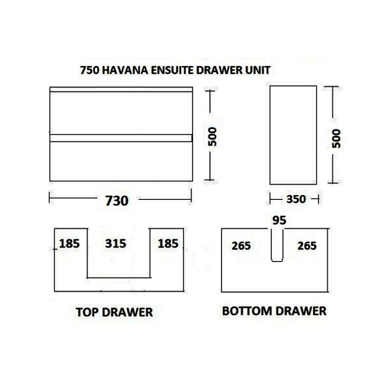 Ledin Havana 750 Ensuite Drawer Unit - White Wall Hung with Solid Surface Top & Ceramic Basin