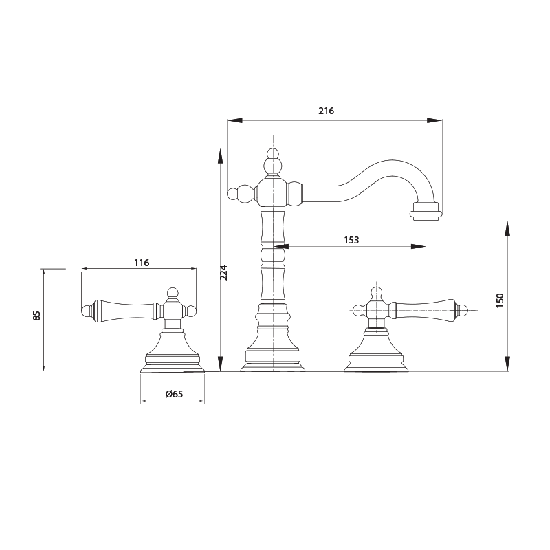 Parisi Hermitage Basin/Bath Hob Set with Lever Handle - Chrome