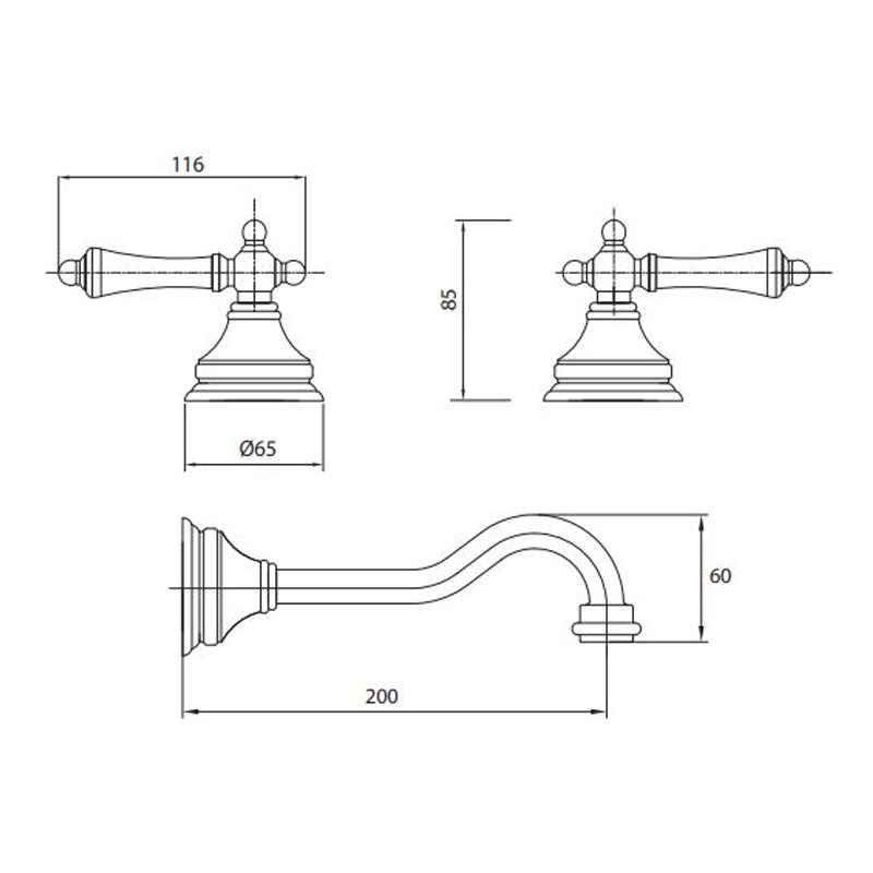 Parisi Hermitage Basin/Bath Wall Set with 200mm Spout (White Lever Handle) - Pewter Specification