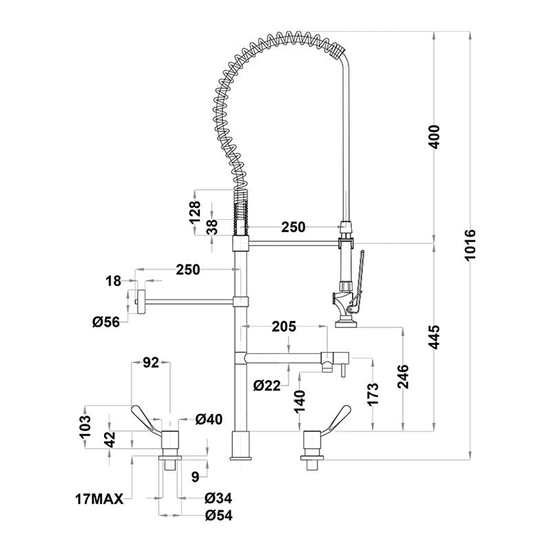Gentec JETFLO Pre Rinse Unit with Pot Filler & 100mm Lever Recessed Control Valves Specification