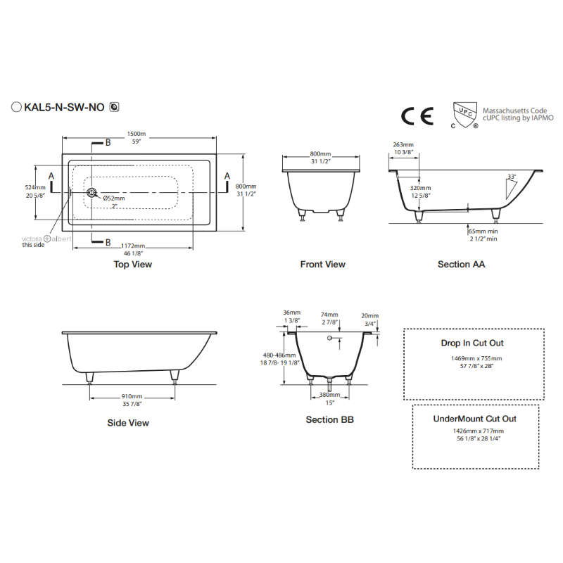 Victoria + Albert Kaldera 5 Inset Undermount 1500 Bath Specification