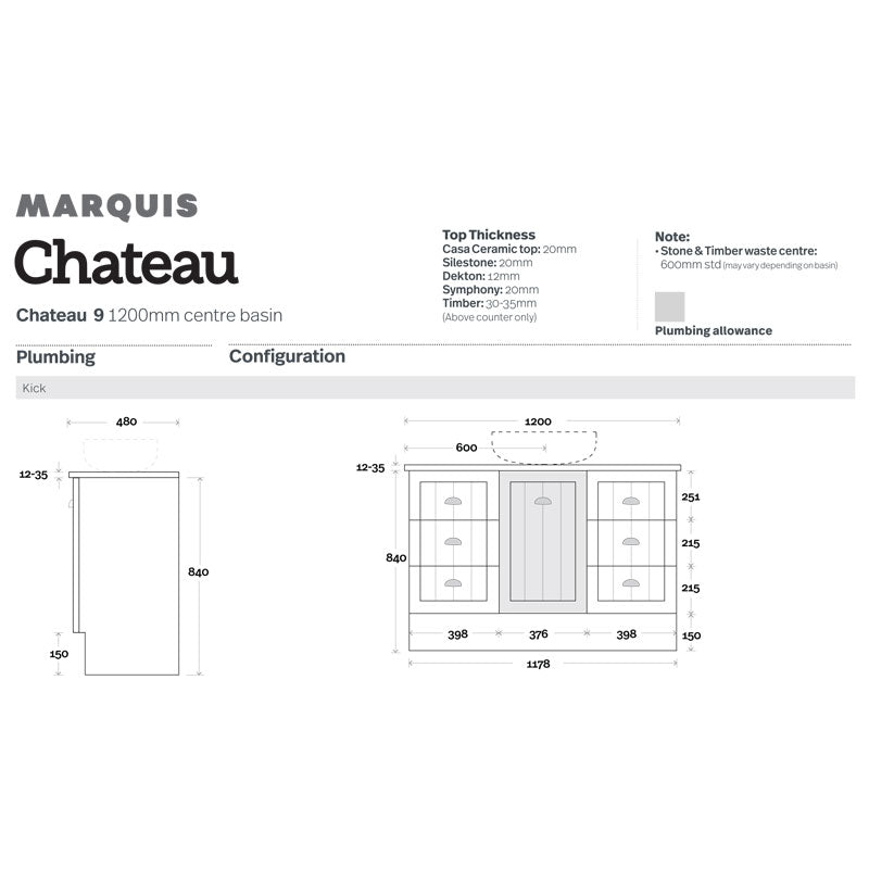 Marquis Chateau 9 Freestanding Vanity - 1200mm Specification
