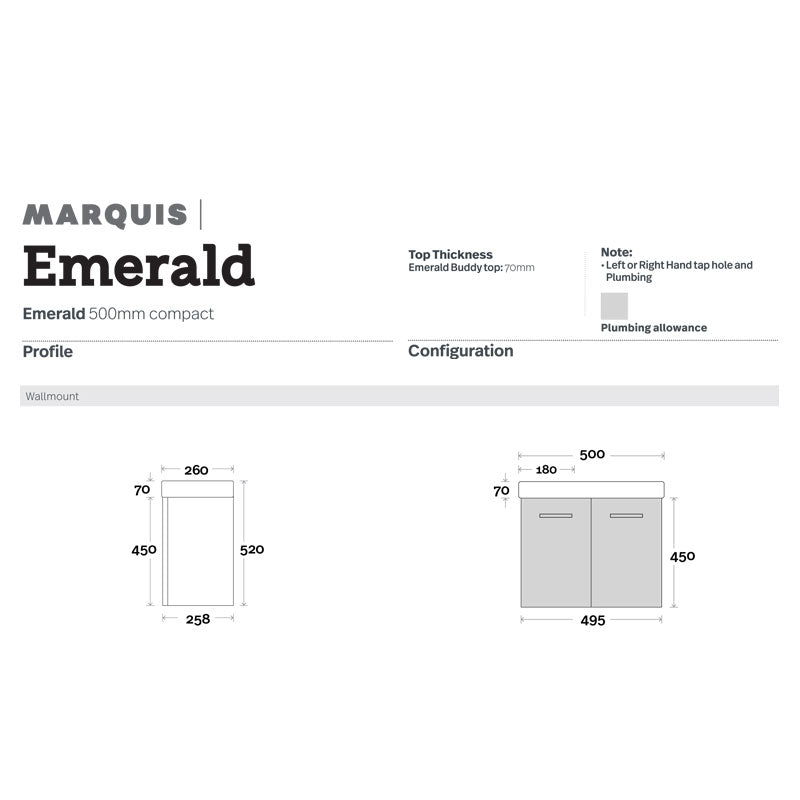 Marquis Emerald Wall Hung Vanity - 500mm Specification
