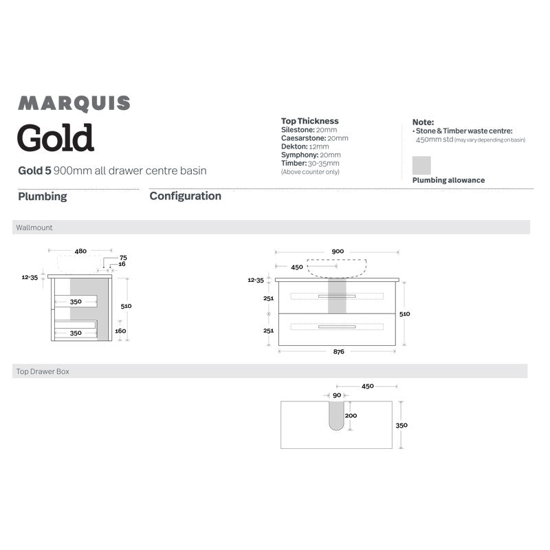 Marquis Gold 5 Wall Hung Vanity - 900mm Specification
