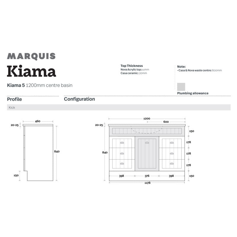 Marquis Kiama 5 Freestanding Vanity - 1200mm Specification
