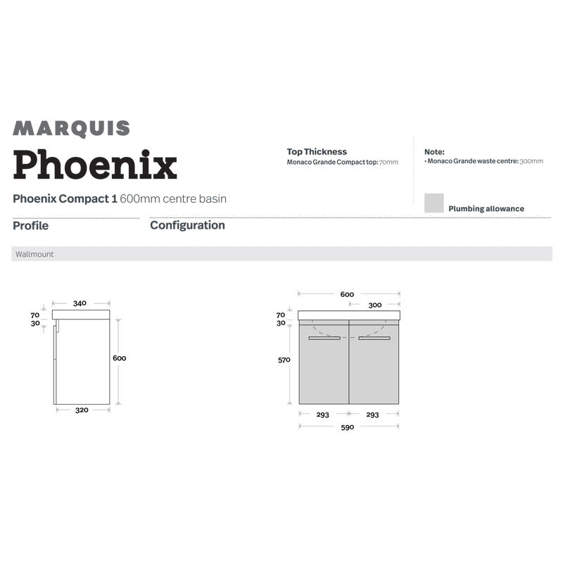 Marquis Phoenix Compact 1 Wall Hung Vanity - 600mm Specification