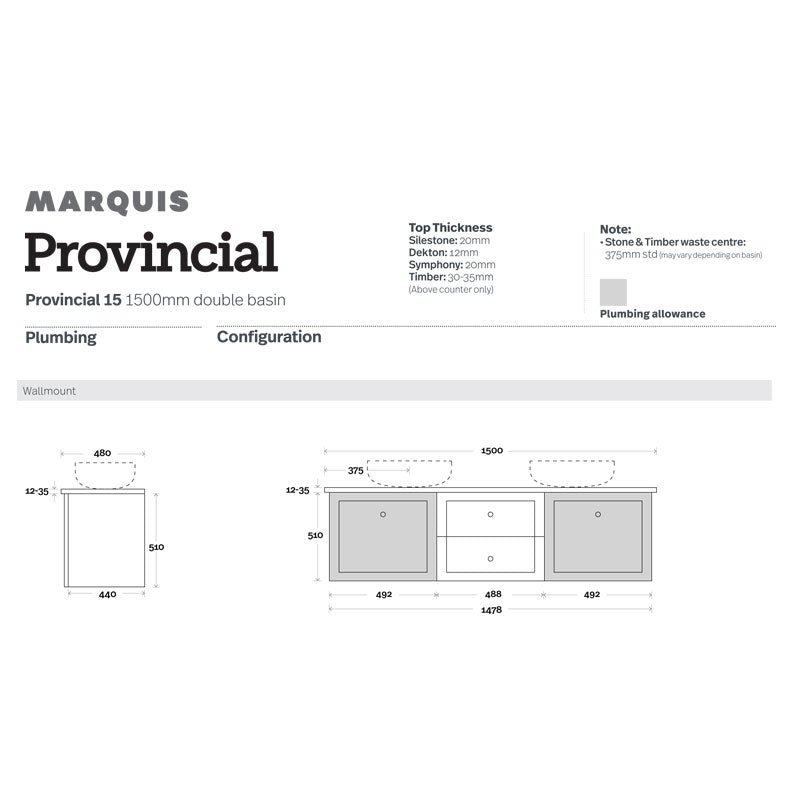 Marquis Provincial 15 Wall Hung Vanity - 1500mm Specification