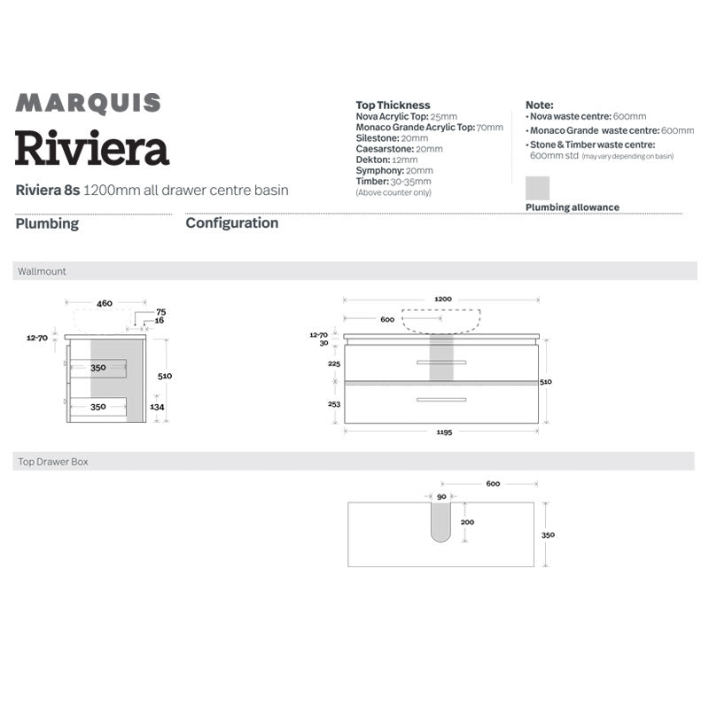 Marquis Riviera 8S Wall Hung Vanity - 1200mm Specification