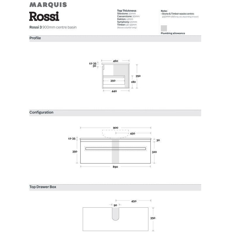 Marquis Rossi 3 Wall Hung Vanity - 900mm Specification