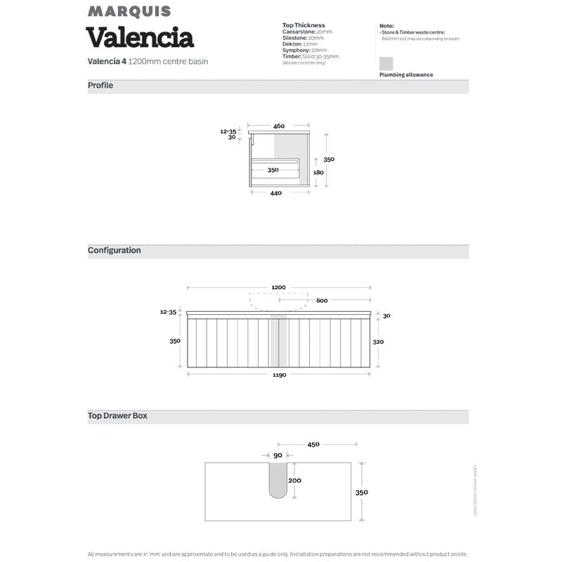 Marquis Valencia 4 Wall Hung Vanity - 1200mm Specification