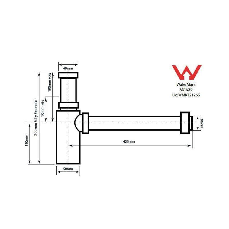 Turner Hastings Aurora Adjustable Bottle P Trap - Brushed Nickel Specification