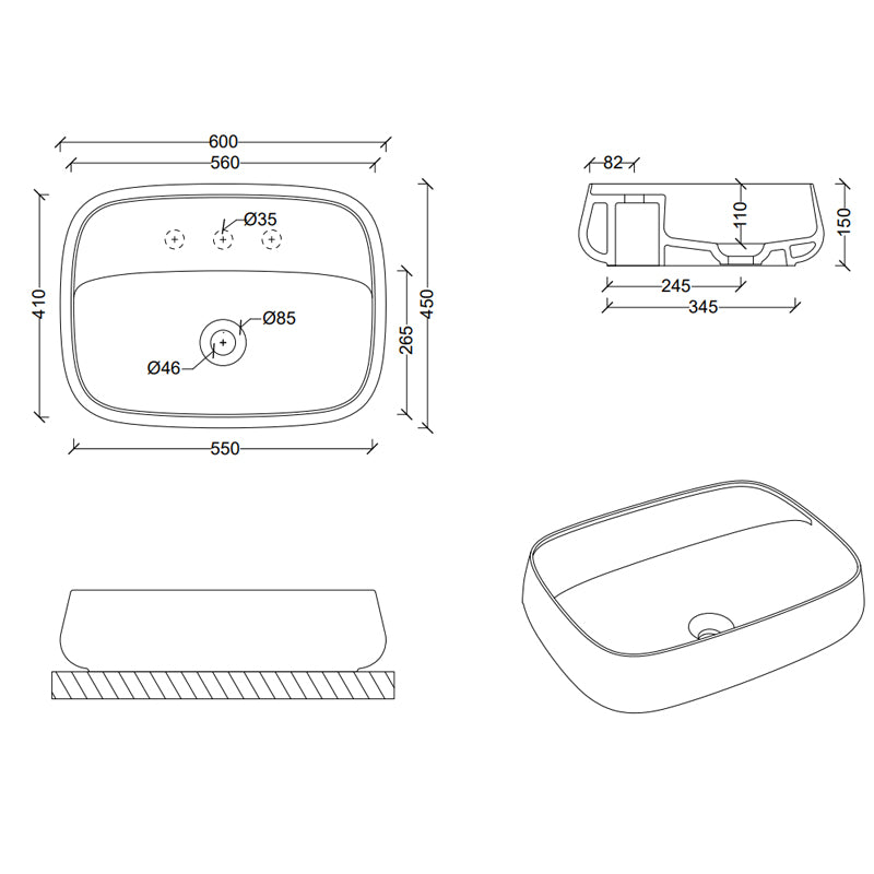 Studio Bagno Nur 60X Above Counter Basin - Gloss White | Specifications