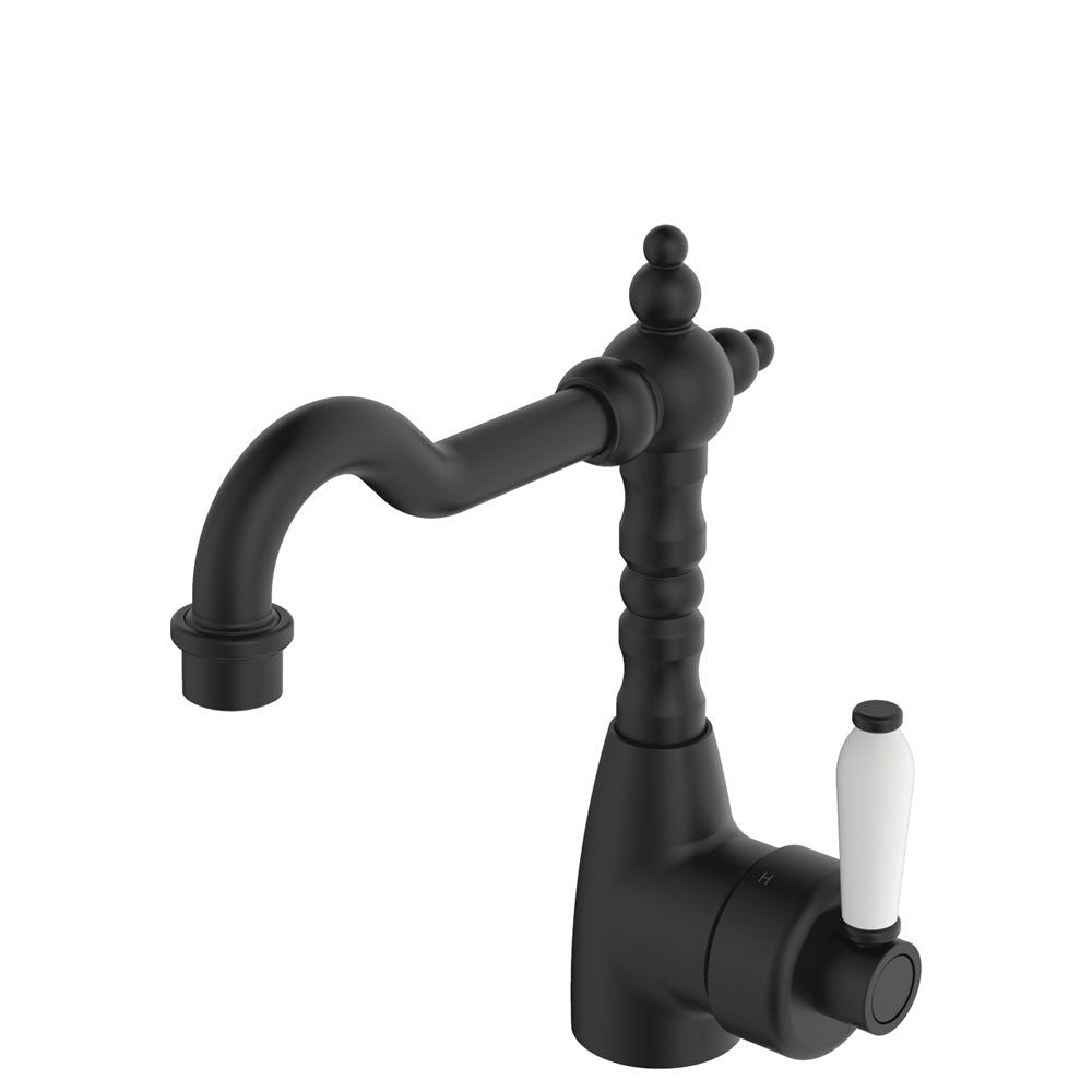 Fienza Elenaor Shepherds Crook Basin Mixer - Matte Black / Ceramic Handle - 202103BK