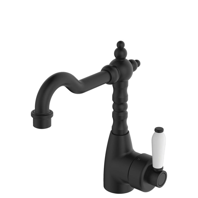 Fienza Elenaor Shepherds Crook Basin Mixer - Matte Black / Ceramic Handle