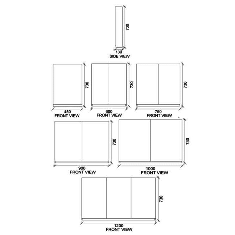 Rifco Platinum Cabinet Triple Door Gloss White Sides 1200 x 130 x 730 Specification