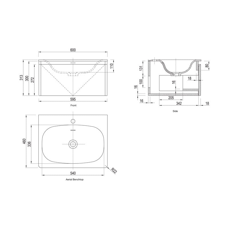 Parisi Flow Wall Hung Vanity Single Basin Top -FLOW 600 (H313 x D460 x W600mm) Spec