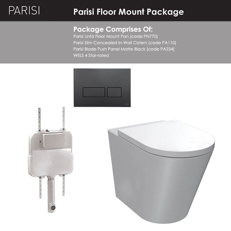 Parisi Linfa Rimless Floor Mount Package with Blade Matte Black Flush Plate