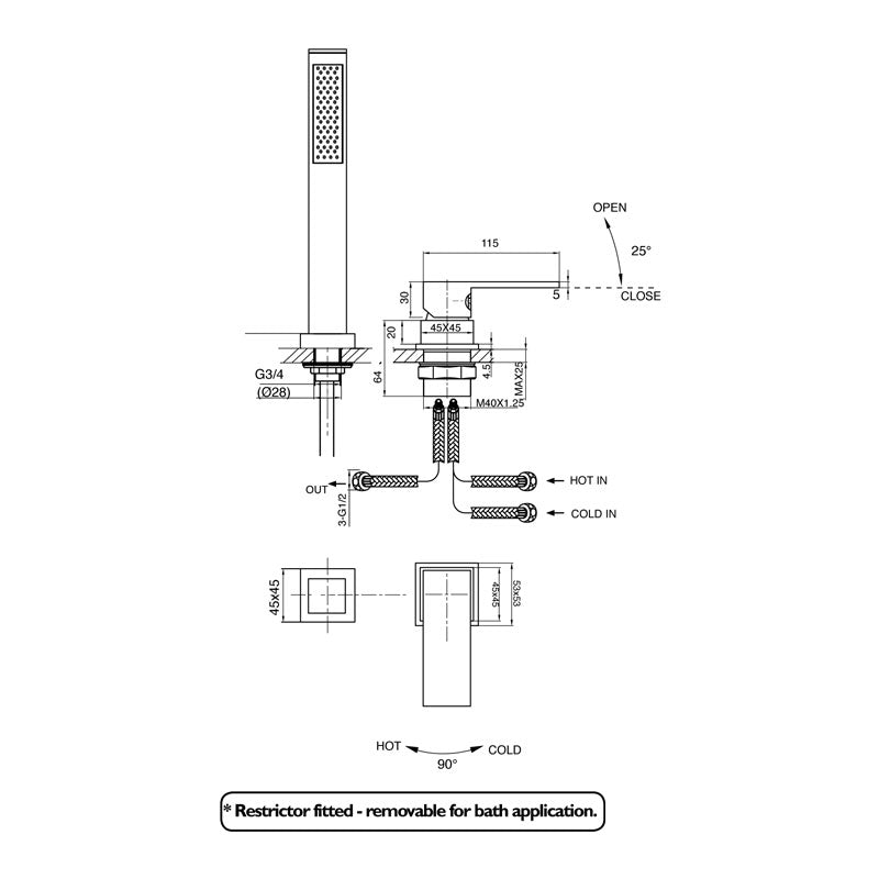 Parisi Blade Hob Mixer with Hand Shower Spec