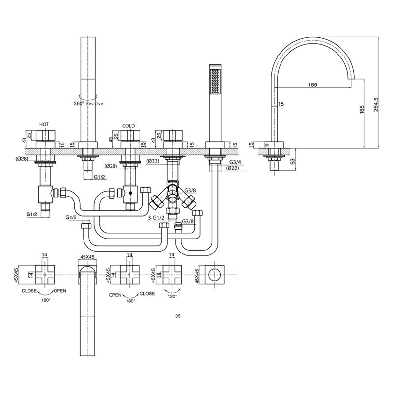 Parisi Cross Hob Bath Set Curved Spout Spec